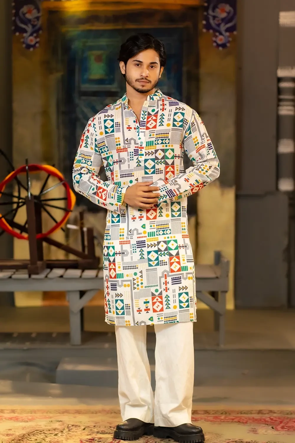 Men's Floral White Panjabi